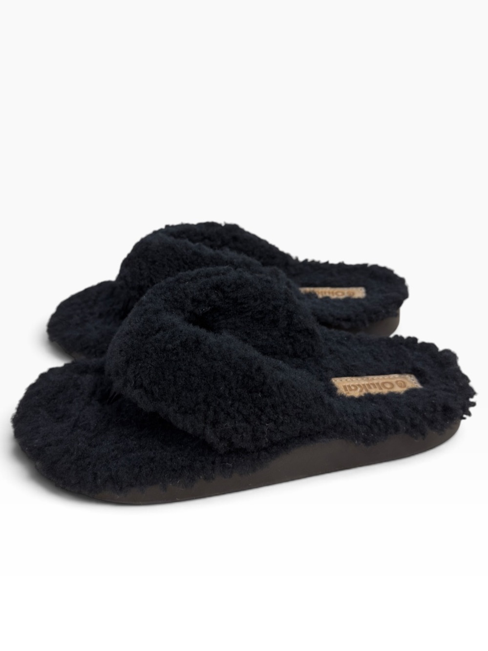 OluKai Kipe’a Heu Black Shearling Fuzzy Flip Flop Slippers Women’s Approx US 7